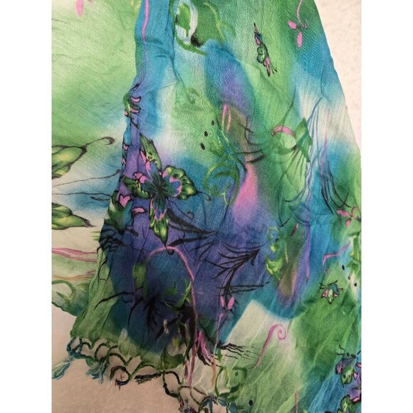 Hand-Painted Rayon Scarf‎ Butterfly & Floral Design Green & Blue 60" x 22" - Picture 1 of 6